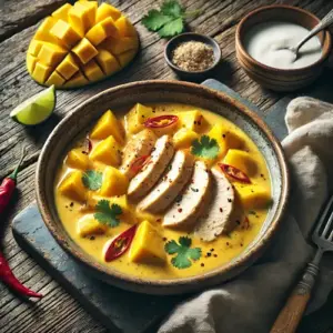 Spicy chicken breast with mango and coconut milk on a rustic wooden table