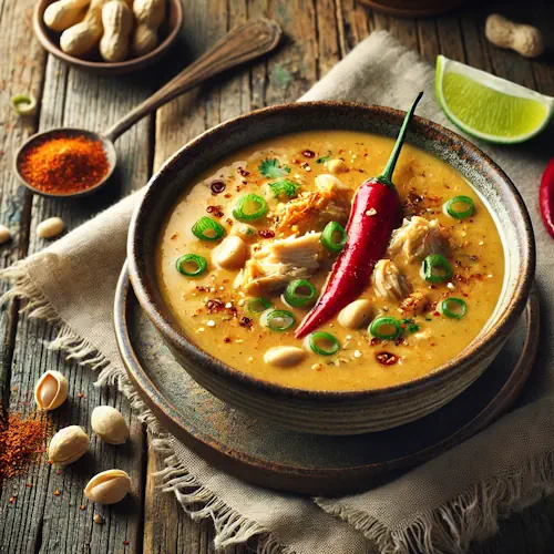 Spicy chicken peanut soup on a rustic wooden table