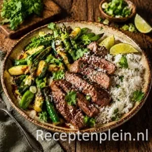 Roergebakken groenten met lamsvlees en rijst op rustieke houten tafel