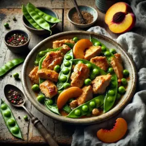 Roergebakken kipfilet met peultjes en perzik op een rustieke houten tafel