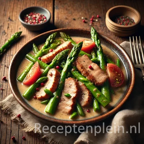 Roergebakken varkenshaas met groene asperges op rustieke houten tafel