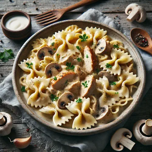 Romige farfalle met kip en champignons op een rustieke houten tafel