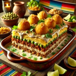 Een Mexicaans geïnspireerde presentatie van een 5-schotelschotel, geserveerd in een rustieke aardewerken ovenschaal. De ovenschotel bestaat uit lagen gekruid gehakt, krokante gebakken uitjes, zoete doperwten, romige champignonsoep en goudbruine voorgekookte aardappelballetjes. De schotel is gegarneerd met verse koriander en partjes limoen. De setting is aangekleed met kleurrijke Mexicaanse textielpatronen, een houten tafel en warm sfeervol licht, wat zorgt voor een uitnodigende eetervaring. 🌶️🍲✨