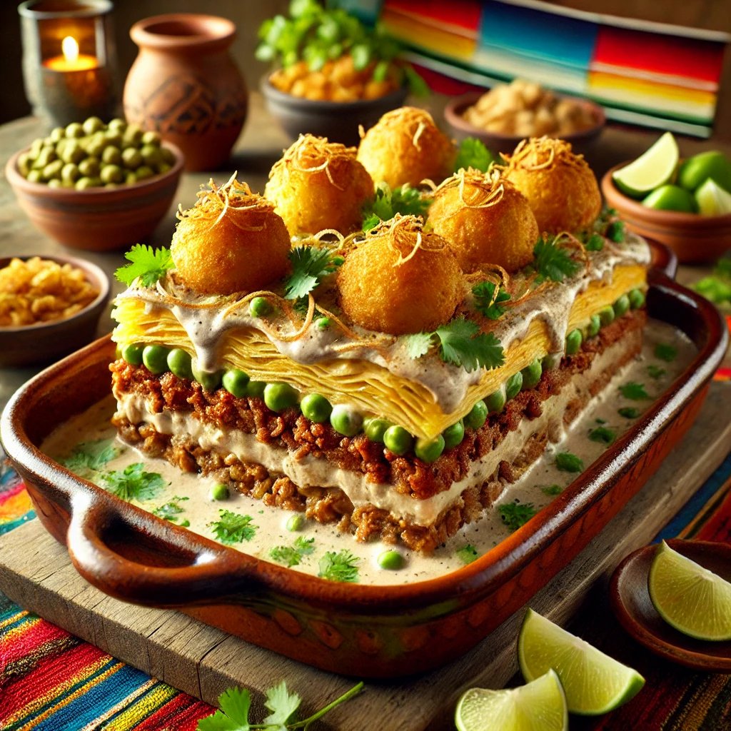 Een Mexicaans geïnspireerde presentatie van een 5-schotelschotel, geserveerd in een rustieke aardewerken ovenschaal. De ovenschotel bestaat uit lagen gekruid gehakt, krokante gebakken uitjes, zoete doperwten, romige champignonsoep en goudbruine voorgekookte aardappelballetjes. De schotel is gegarneerd met verse koriander en partjes limoen. De setting is aangekleed met kleurrijke Mexicaanse textielpatronen, een houten tafel en warm sfeervol licht, wat zorgt voor een uitnodigende eetervaring. 🌶️🍲✨
