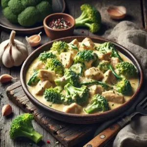 Romige kip en broccoli roerbakschotel op een rustieke houten tafel