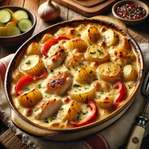 Ovenschotel met kipfilet en krieltjes uit de oven, overgoten met een romige knoflooksaus – een hartverwarmend ovengerecht met saus en paprika, perfect als Aardappel Anders recept voor het hele gezin.
