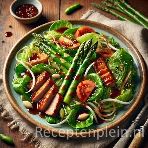 Salade van roergebakken groene asperges en varkenshaas op rustieke houten tafel