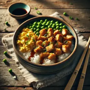 Soboro domburi op rustieke houten tafel