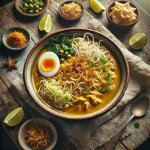 Soto ajam op rustieke houten tafel