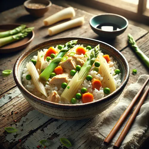 Takenokogohan op rustieke houten tafel