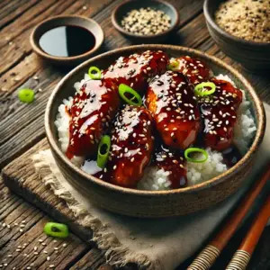 Teriyaki Kipfilethaasjes op rustieke houten tafel