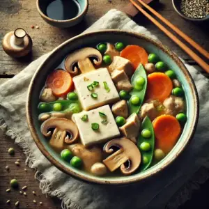 Tori no gomoku tofu op rustieke houten tafel