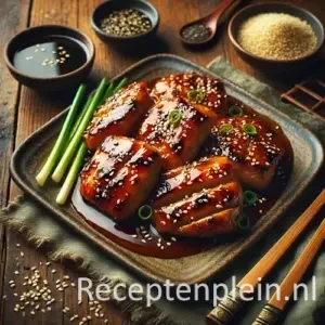 Tori no teriyaki op rustieke houten tafel