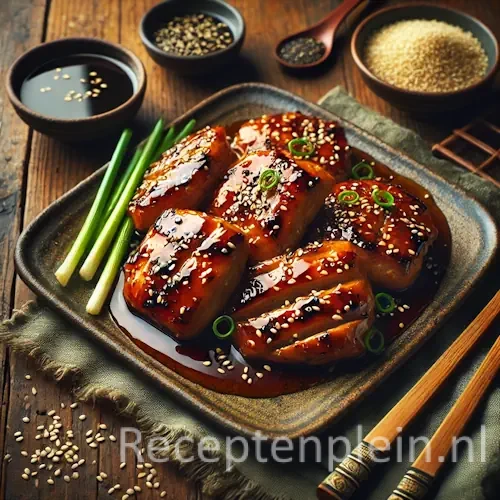 Tori no teriyaki op rustieke houten tafel