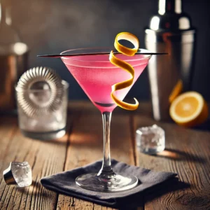 Klassieke Cosmopolitan cocktail in een gekoeld martiniglas met een levendige roze kleur, gegarneerd met een citroenschil, geserveerd op een rustieke houten tafel.