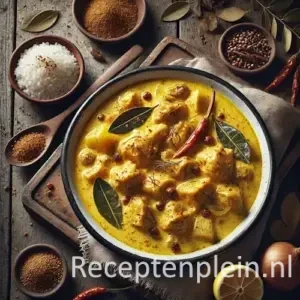 Hyperrealistische foodfoto van Indonesische gekruide kip in kokossaus geserveerd in een licht verweerde emaille kom op een rustieke houten tafel. Blokjes kip liggen in een romige geelgekleurde kokossaus met zichtbare uisnippers, rode chilivlokjes en Indonesische salambladeren. De saus is licht ingedikt met subtiele oliedruppels bovenop. Rondom staan een schaaltje witte rijst, citroenpartjes, kemirinoten en een houten lepel met sausresten, gefotografeerd in warm natuurlijk namiddaglicht met een huiselijke, authentieke uitstraling.