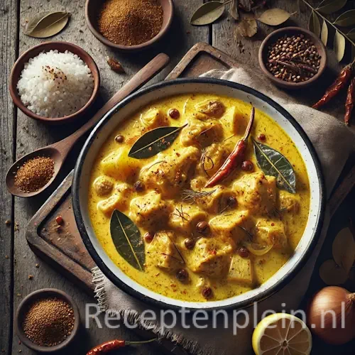 Hyperrealistische foodfoto van Indonesische gekruide kip in kokossaus geserveerd in een licht verweerde emaille kom op een rustieke houten tafel. Blokjes kip liggen in een romige geelgekleurde kokossaus met zichtbare uisnippers, rode chilivlokjes en Indonesische salambladeren. De saus is licht ingedikt met subtiele oliedruppels bovenop. Rondom staan een schaaltje witte rijst, citroenpartjes, kemirinoten en een houten lepel met sausresten, gefotografeerd in warm natuurlijk namiddaglicht met een huiselijke, authentieke uitstraling.