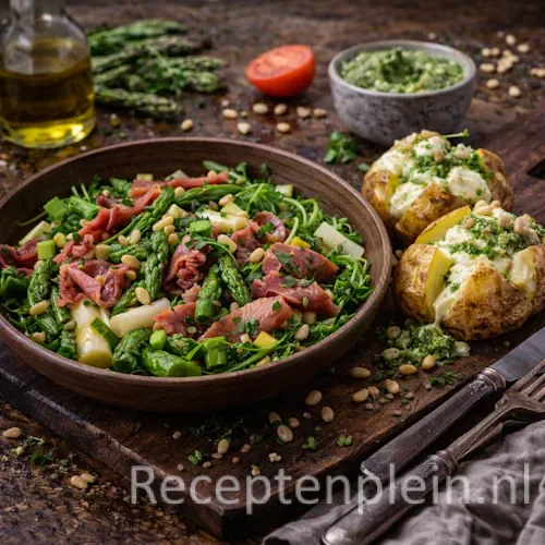 Aspergesalade en pesto-aardappelen uit Piemonte op een rustieke houten tafel.
