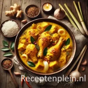 Natuurgetrouwe foodfoto van Indonesische gele kip met gember en citroengras geserveerd in een aardewerken stoofpan op een rustieke houten tafel. Drumsticks en stukken kip liggen in een goudgele, licht bouillonachtige saus met zichtbare plakjes gember, gekneusde stengels citroengras, uiringen en rode chiliringetjes. Naast de pan staan een kom witte rijst, verse gemberwortel, knoflooktenen en citroengras. Gefotografeerd in warm natuurlijk avondlicht met subtiele sausspatten en een authentieke, huiselijke uitstraling.