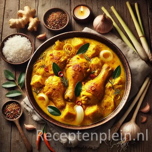 Natuurgetrouwe foodfoto van Indonesische gele kip met gember en citroengras geserveerd in een aardewerken stoofpan op een rustieke houten tafel. Drumsticks en stukken kip liggen in een goudgele, licht bouillonachtige saus met zichtbare plakjes gember, gekneusde stengels citroengras, uiringen en rode chiliringetjes. Naast de pan staan een kom witte rijst, verse gemberwortel, knoflooktenen en citroengras. Gefotografeerd in warm natuurlijk avondlicht met subtiele sausspatten en een authentieke, huiselijke uitstraling.