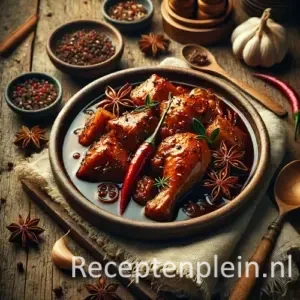 Hyper-realistische foodfoto van Ayam smoor djawa: langzaam gestoofde kip in een diepe donkerbruine ketjapsaus met gekaramelliseerde uien en specerijen, geserveerd in een aardewerken kom op een rustieke houten tafel. De compositie is licht uitgezoomd zodat de houtstructuur duidelijk zichtbaar is. De saus glanst rijkelijk rond de kip en bevat rode chilipepers en steranijs als garnering. Op de achtergrond staan een kom witte rijst, knoflooktenen, een houten lepel en een linnen doek, sfeervol belicht met warm namiddaglicht voor een authentieke premium food magazine uitstraling.