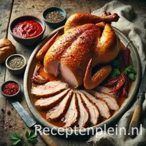 Hyperrealistische foodfoto van cappone lesso op een grote ovale keramische schaal op een rustieke houten tafel, licht uitgezoomd zodat het tafelblad volledig zichtbaar is. De gekookte kapoen is in dikke plakken gesneden met sappig licht vlees en goudbruine huid, geserveerd met een kom felrode pittige saus. Rondom liggen verse peterselie, grove peper, brood, een mes en een linnen doek, vastgelegd in warm natuurlijk zijlicht met een premium foodmagazine uitstraling.