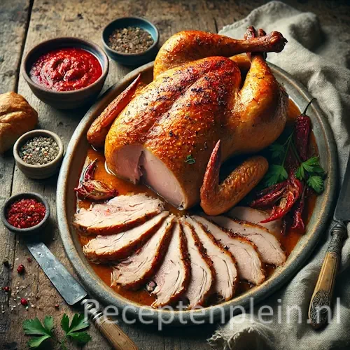 Hyperrealistische foodfoto van cappone lesso op een grote ovale keramische schaal op een rustieke houten tafel, licht uitgezoomd zodat het tafelblad volledig zichtbaar is. De gekookte kapoen is in dikke plakken gesneden met sappig licht vlees en goudbruine huid, geserveerd met een kom felrode pittige saus. Rondom liggen verse peterselie, grove peper, brood, een mes en een linnen doek, vastgelegd in warm natuurlijk zijlicht met een premium foodmagazine uitstraling.