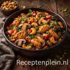 Hyperrealistische foodfoto van cashew chicken met shiitake in een donkere kom op een rustieke houten tafel, met glanzende kipstukjes, geroosterde cashewnoten, shiitake, paprika en bosui in warm natuurlijk licht.