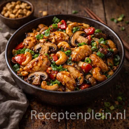 Hyperrealistische foodfoto van cashew chicken met shiitake in een donkere kom op een rustieke houten tafel, met glanzende kipstukjes, geroosterde cashewnoten, shiitake, paprika en bosui in warm natuurlijk licht.