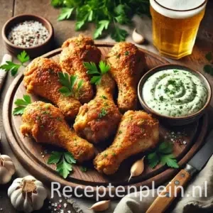 Hyperrealistische foodfoto van krokant gebakken kipdrumsticks geserveerd op een ronde houten plank op een rustieke houten tafel, licht uitgezoomd zodat het tafelblad zichtbaar is. De goudbruine drumsticks zijn bestrooid met verse peterselie en liggen naast een schaaltje romige knoflook-peterseliemayonaise met groene kruiden. Op tafel liggen knoflooktenen, grof zeezout, peper, een mes, een linnen doek en een glas bier in warm natuurlijk daglicht met een huiselijke premium foodmagazine uitstraling.