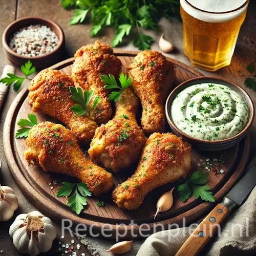 Hyperrealistische foodfoto van krokant gebakken kipdrumsticks geserveerd op een ronde houten plank op een rustieke houten tafel, licht uitgezoomd zodat het tafelblad zichtbaar is. De goudbruine drumsticks zijn bestrooid met verse peterselie en liggen naast een schaaltje romige knoflook-peterseliemayonaise met groene kruiden. Op tafel liggen knoflooktenen, grof zeezout, peper, een mes, een linnen doek en een glas bier in warm natuurlijk daglicht met een huiselijke premium foodmagazine uitstraling.