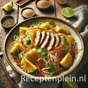 Five spice mihoensalade met ananas geserveerd in een schaal op rustieke houten tafel met frisse Aziatische salade