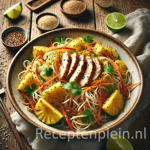 Five spice mihoensalade met ananas geserveerd in een schaal op rustieke houten tafel met frisse Aziatische salade