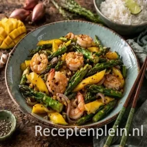 Groene asperges uit de wok op rustieke houten tafel