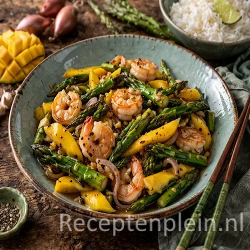 Groene asperges uit de wok op rustieke houten tafel