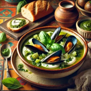 Italiaanse Mossel-Pesto Soep met Verse Basilicum
