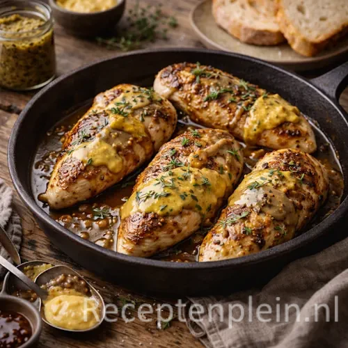 Kipfilet met drie soorten mosterdsaus in pan op rustieke houten tafel.