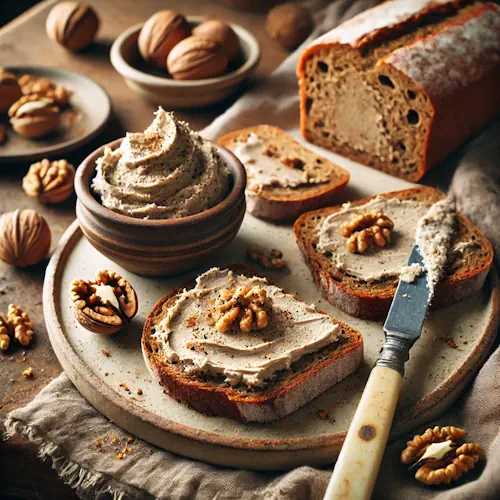 Pane con noci met kruidige kippenlevertjesmousse op rustieke houten tafel