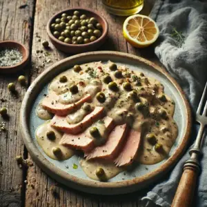 Pollo tonnato op een rustieke houten tafel