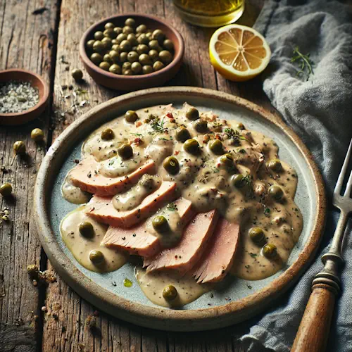 Pollo tonnato op een rustieke houten tafel