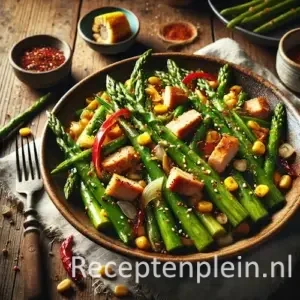 Roergebakken asperges op rustieke houten tafel