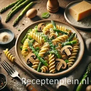 Spiraaltjes met groene asperges en bospaddestoelen op rustieke houten tafel