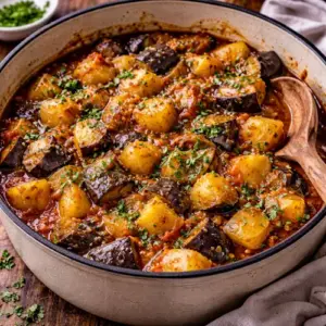 Aardappel auberginestoofpotje op rustieke houten tafel