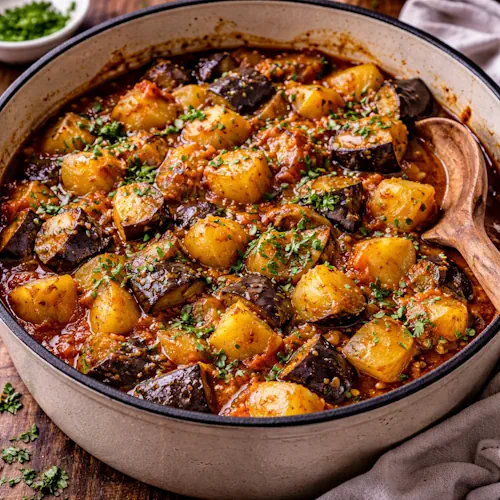 Aardappel auberginestoofpotje op rustieke houten tafel
