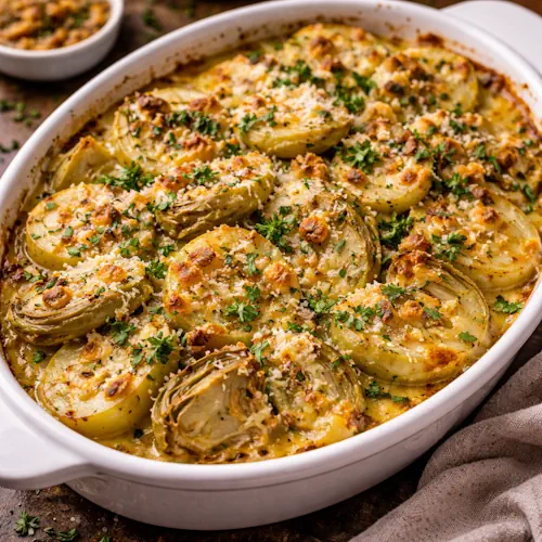 Aardappel Artisjok Gratin op rustieke houten tafel