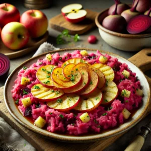 Aardappel bietenstamppot met gebakken appel