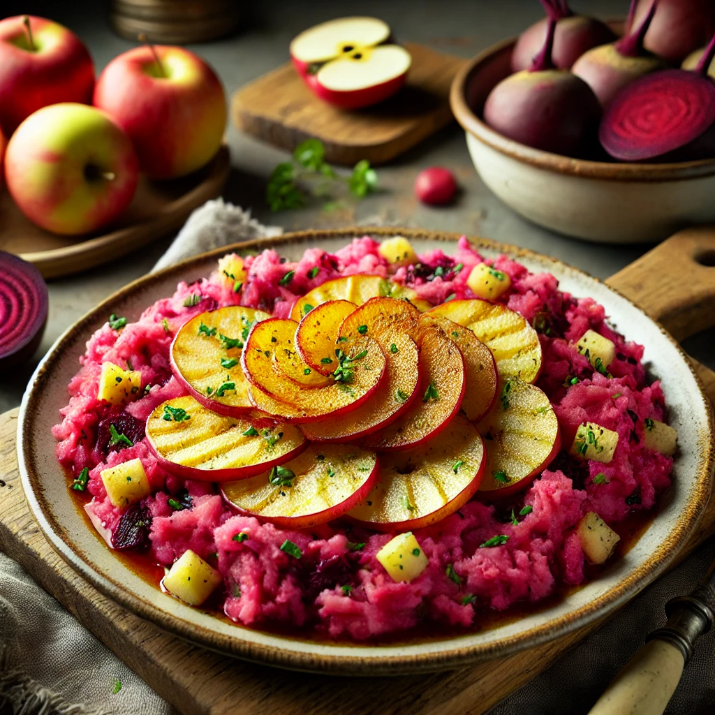 Aardappel bietenstamppot met gebakken appel