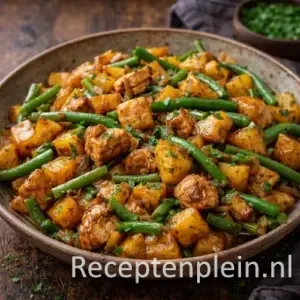 Aardappelwokjes met kip en boontjes op rustique houten tafel