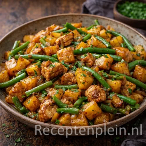 Aardappelwokjes met kip en boontjes op rustique houten tafel