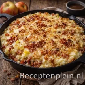 Appelstamppot met spekjes uit de oven op een rustieke houten tafel.